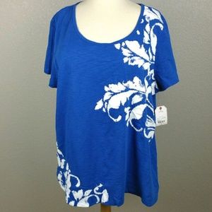 NWT Blue White Ikat Floral Graphic Tunic Tee 2X